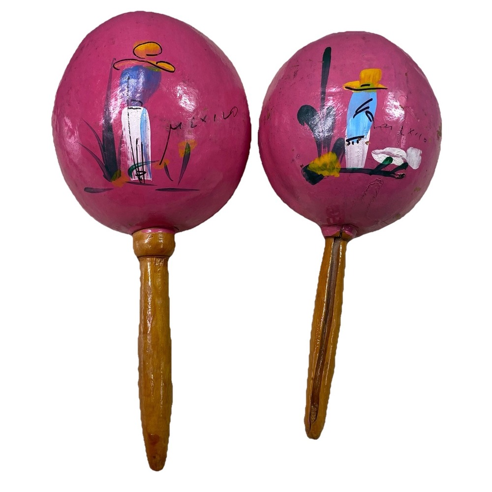 2‎ Handmade Mexican Pink Maracas Gourds Shakers Music Percussion 9"& 7.5" Tall